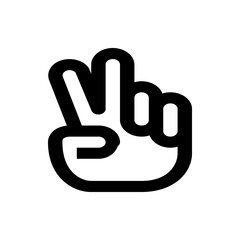 Illustration of a hand making a peace sign with two fingers raised in a black and white design style
