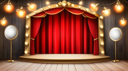 Elegant Red Curtain Stage with Golden Frame and Lights
