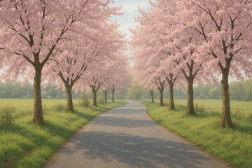 Naklejka premium Pink trees lining a road in a vibrant painting.