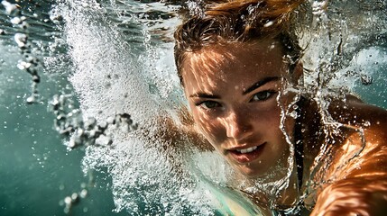 Obraz premium Underwater Glimpse: A striking portrait of a young woman captured underwater, her face illuminated by the play of light and water bubbles, embodying freedom.