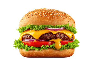 Burger isolated on transparent background with lettuce and cheese