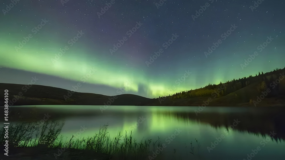 Aufkleber 湖面に映る緑色のオーロラの夜景と星空の風景 グリーンとダークトーンで森林を背景に輝く星の光