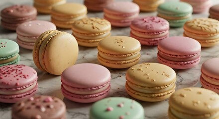 Assorted French macarons arranged neatly on a marble surface