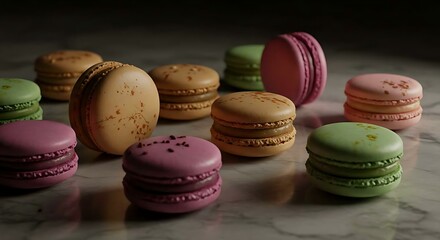 Assorted French macarons arranged neatly on a marble surface