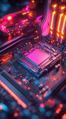 鮮やかなネオンライトが輝く詳細なマザーボード回路のクローズアップ写真、現代的な技術と複雑な電子回路の描写