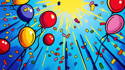 Sky High Celebration: A vibrant burst of color fills the frame as colorful balloons and confetti ascend against a dynamic, sunlit sky, evoking feelings of joy and anticipation. 