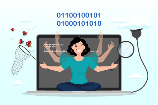 Young woman software engineer working with online cloud computer laptop, software development, coding team, programming frontend backend framework, debugging algorithm, testing or deployment concept