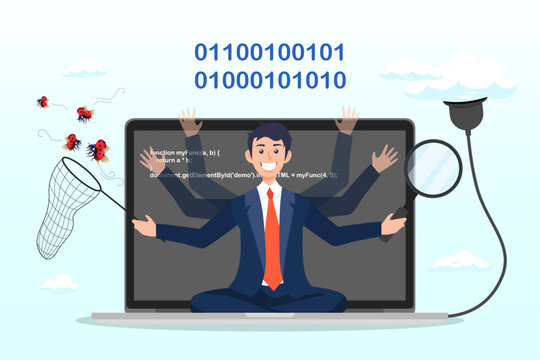 Young man software engineer working with online cloud computer laptop, software development, coding team, programming frontend backend framework, debugging algorithm, testing or deployment concept