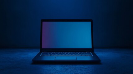 A realistic, modern laptop is shown from the front. It's like a blank template. The computer is open, showing its empty screen. It's a smart device.
