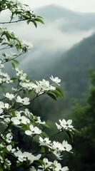 White Dogwood Flowers Against a Mountainous Background