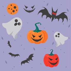 Halloween vector elements set with pumpkin, bat, ghost characters. Holiday vector illustration, elements for design, pattern, clip art.