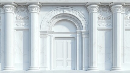 Naklejka premium A Roman arch and pillar with Greek palace design. A classic white door frame for an ancient temple with columns. Features include vintage arch elements and a 3D baroque colonnade. 