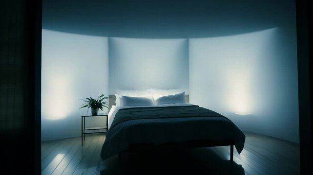 slowly zooming out from a minimalist bedroom, translucent rice paper screens backlit revealing shadowy silhouettes, rim light on furniture and objects, creating a mysterious dreamlike atmosphere