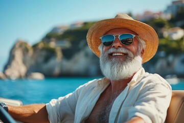 Happy bearded senior man enjoying summer road trip in Italy, luxury cabrio adventure, wealth and freedom lifestyle