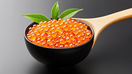 Orange Fish Roe in a Black Bowl with Green Leaves