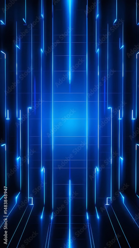 Poster 明るい青色の幾何学的な線の背景 未来的なネオンライト効果と幾何学的なパターンが特徴の抽象的なデザイン 壁紙技術の概念に最適