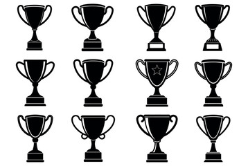 Set of trophy cups, including silver ones, symbolize the winner's achievement in a sport competition, often seen as a gold prize icon
