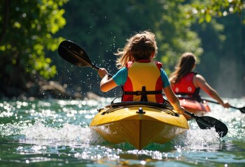 Two women kayaking on a serene river surrounded by lush greenery