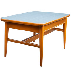 Fototapeta premium Wooden rectangular table with light colored tabletop and sturdy legs, showcasing minimalist design. Ideal for dining or office use, it adds touch of elegance to any space