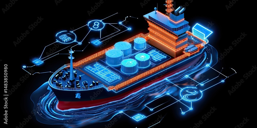 Poster digital model of a modern cargo ship with network connections