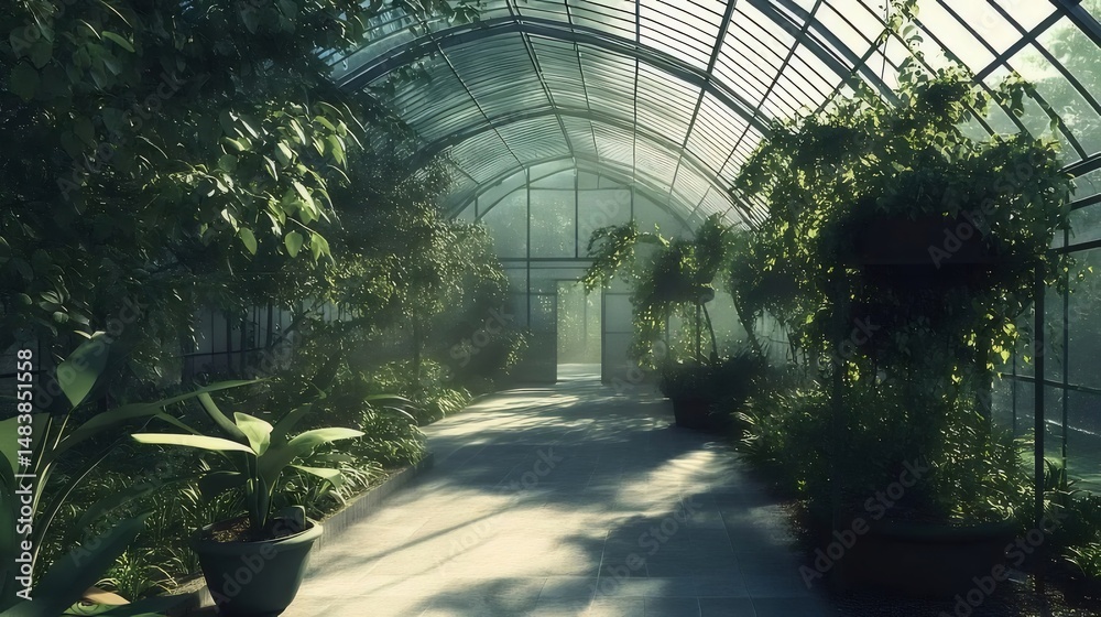 Poster 緑豊かな植物が育つ透明なガラス温室 ライトリークと緑の植物が茂る屋内庭園