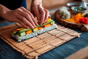 Obraz premium Hands skillfully assemble colorful vegetable sushi rolls using cucumber, carrot, and other fresh ingredients on a bamboo mat in a cozy kitchen setting