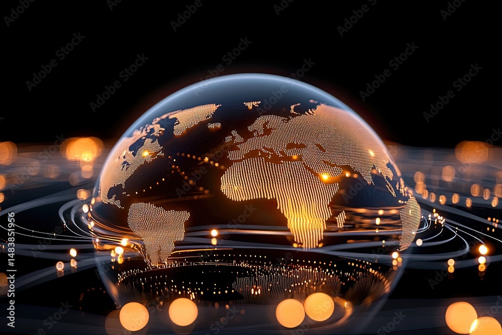 Poster illuminated global network sphere representing worldwide connections