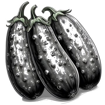 three glossy black eggplants on white clip art preview