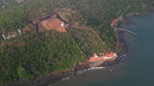 Aerial panorama of Fort Aguada and rocky shore of Goa, India
