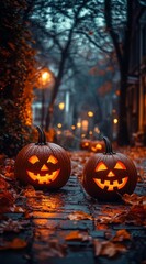 happy halloween backgound with jack o' lantern pumpkins on the foggy night street autumn leaves and candles - poster