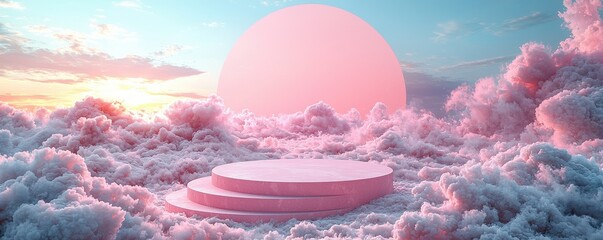 Pink podium surrounded by clouds under a dreamy sky at sunset