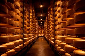 Shelves packed with wheels of cheese line a well-lit storage area, highlighting the intricate process of cheese aging in a professional setting. Warm lights create a cozy atmosphere