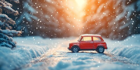 Christmas invitation card background Christmas, snow and red toy car