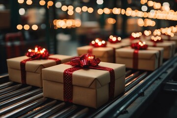 Closeup of cristmas gift box packages seamlessly moving along a conveyor belt in a warehouse. Cardboard, Gift, Christmas light concept