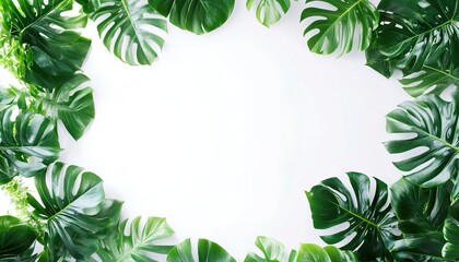 Fototapeta premium Monstera Leaves Arranged in a Circular Frame on White Background