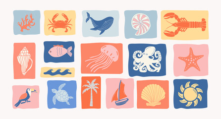 Set of vintage summer pictures in marine style.