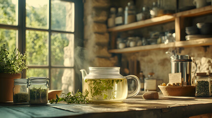 A soothing cup of Infusi?n de Hierbas, Herbal Tea, with fresh herbs and a calming aroma