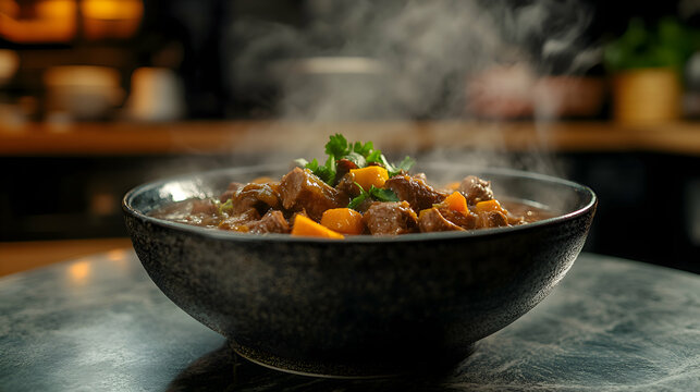 A steaming bowl of Caldereta de Cordero, Lamb Stew, rich with tender lamb and vegetables, placed on a rustic stone table