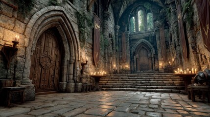 Obraz premium Medieval Hall with Stone Walls Arched Doors and Candlelit Ambiance for Fantasy Settings