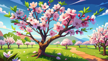 A blooming spring garden. Blooming cherry (Latin: Prunus tomentosa) close up. Small depth of field.