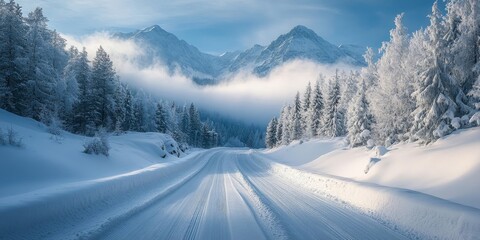 a snowy road in the mountains. Wonderful winter landscape