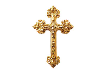 Golden ornate cross with jesus on transparent background