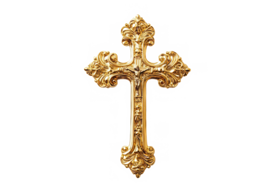 Golden ornate cross with jesus on transparent background