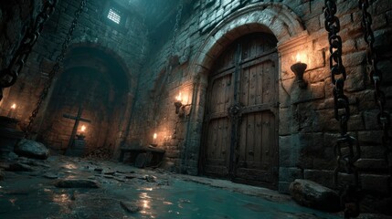 Medieval Dungeon Interior Dark Fantasy Ancient Stone Door Candlelight Chains Water Cross