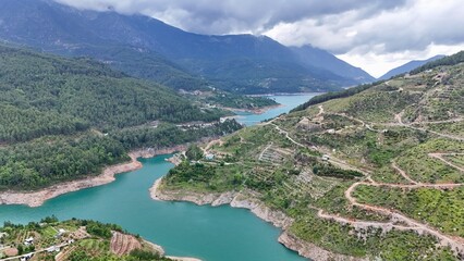 River winding valley. Reservoir in the mountains with turquoise water 