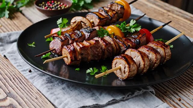 Grilled skewers with vegetables: delicious bbq platter in rustic setting with fresh herbs and juicy glaze