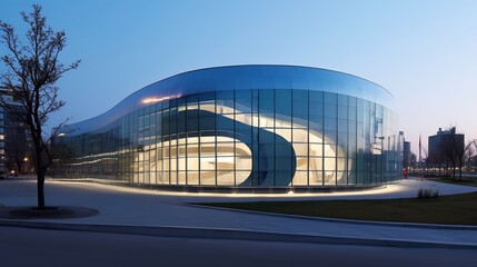 Sleek modern architectural design featuring curvilinear facade of glass steel building reflective panel capture surrounding urban environment showcasing seamless integration of contemporary aesthetic