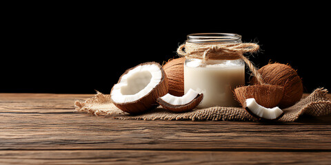 Coconut oil in a glass jar surrounded by fresh coconut shells and husks, showcasing natural beauty products and organic skincare, emphasizing health and wellness benefits