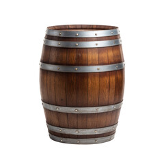 Fototapeta premium Wooden barrel with metal bands is shown, featuring classic rustic design. barrel is made of dark wood and is often used for storage or decoration