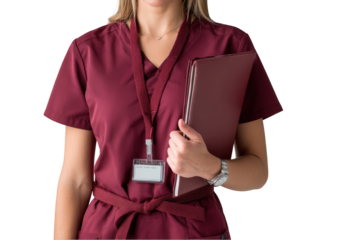 Nurse in burgundy scrubs holding file isolated on transparent background